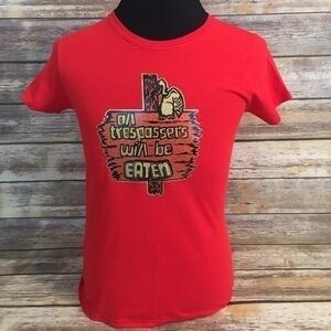 Vintage 1980s All Trespassers Will Be Eaten Glitter Iron-On On New Red T-Shirt